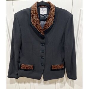 Vtg Collections For Le Suit Black Blazer Leopard Print Trim Old Money 90s‎ Retro